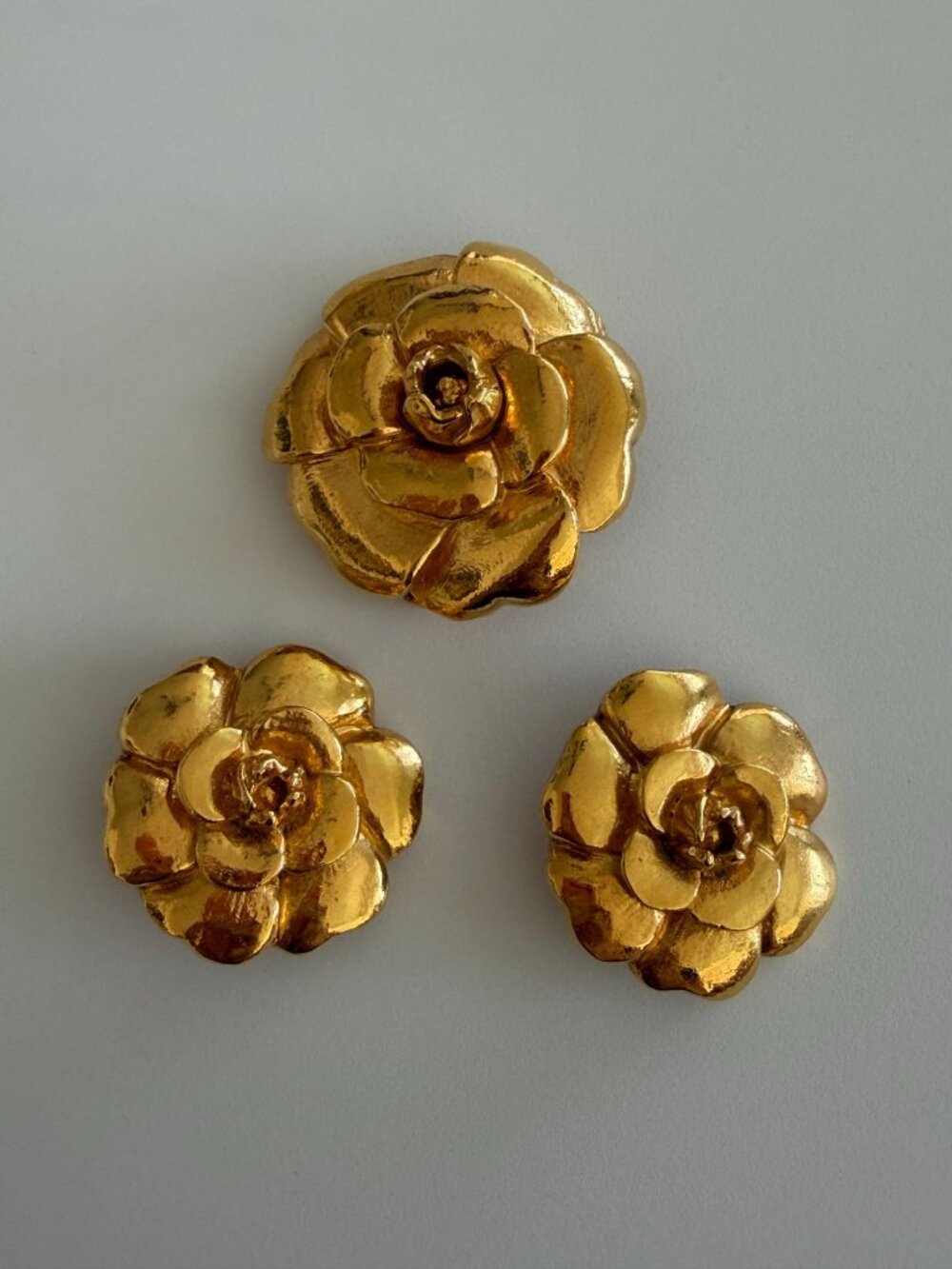 CHANEL Vintage Gold Tone Camellia Flower Brooch and Earring Set